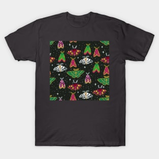 Gouache Moths on Dark Gray T-Shirt